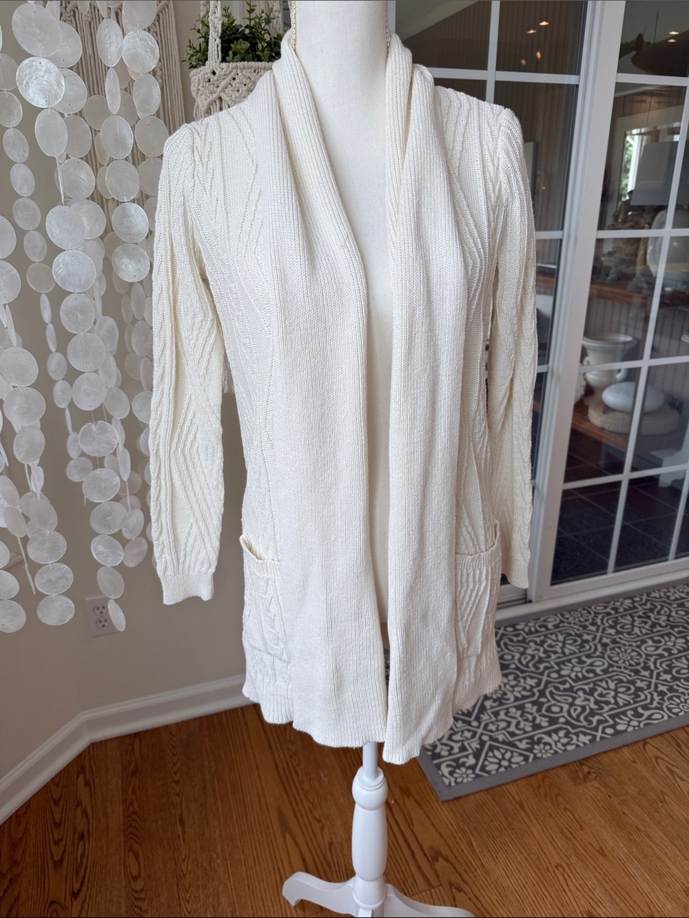 Women’s Cotton Cream Open-Front Knit Cardigan Sweater